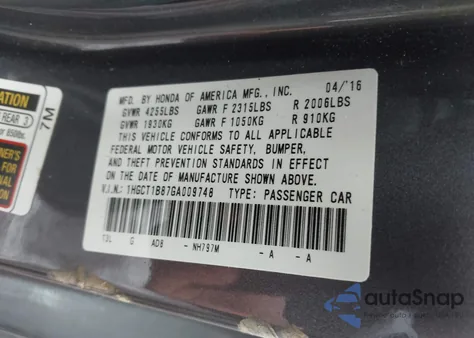 2016 Honda Accord Ex-L from USA, damaged, VIN 1HGCT1B87GA009748